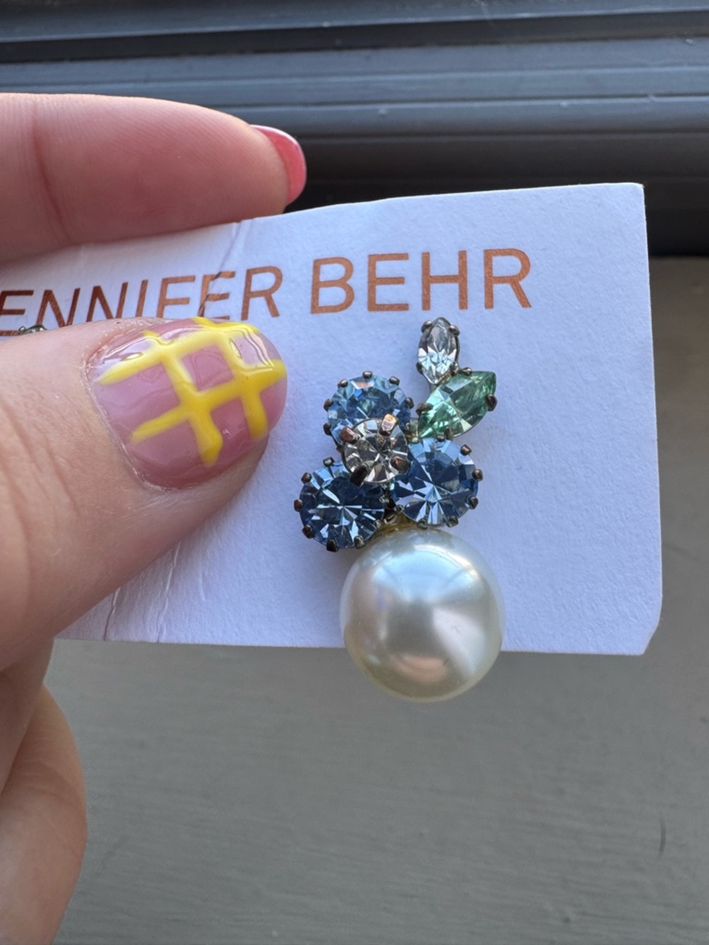 Jennifer Behr Blue, Green and Pearl Crystal Cluster Earrings - Picture 7 of 10
